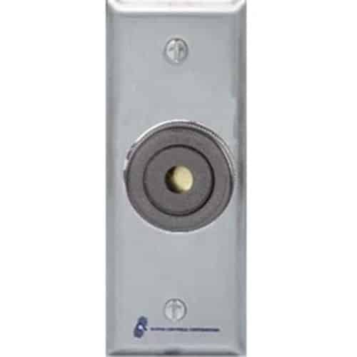 Metallic doorbell push button on a white background