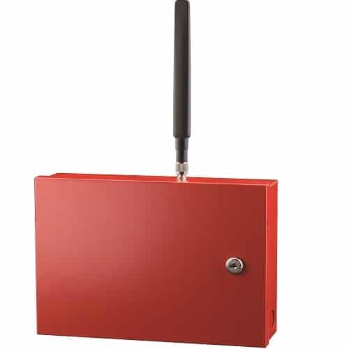 Red electronic device with a antenna on a white background