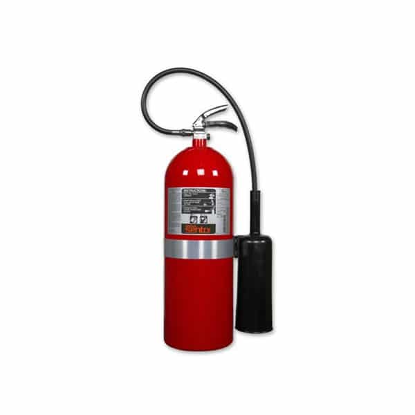 Red fire extinguisher with a black hose on a white background