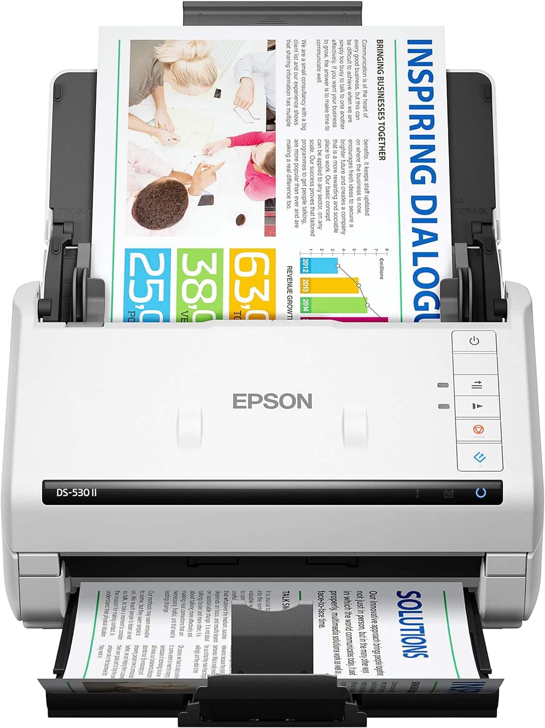 Epson document scanner with a document on the glass and paper in the ADF.