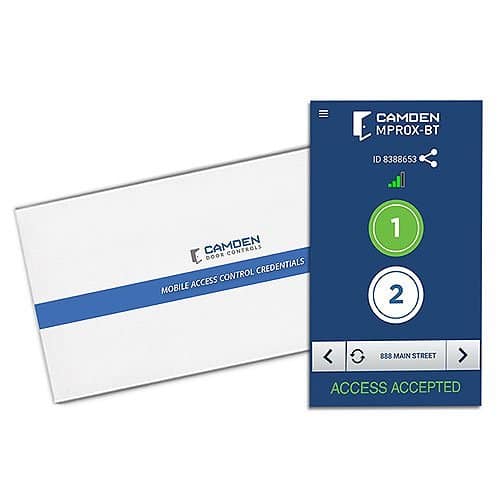 Mobile access control credential with Camden Door Controls branding on a white background