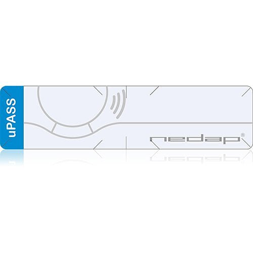 Horizontal, rectangular RFID windshield tag on a white background