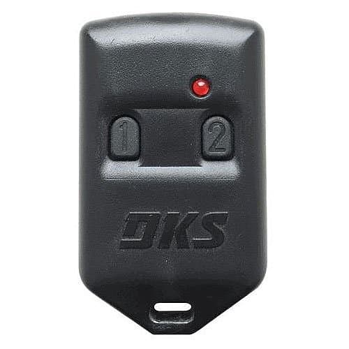 Black two-button remote control with DKS logo on a white background