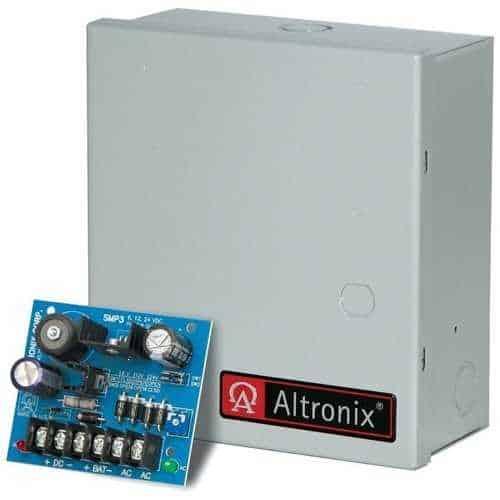 Electronic module with 'Altronix' branding next to a rectangular metal box on a white background