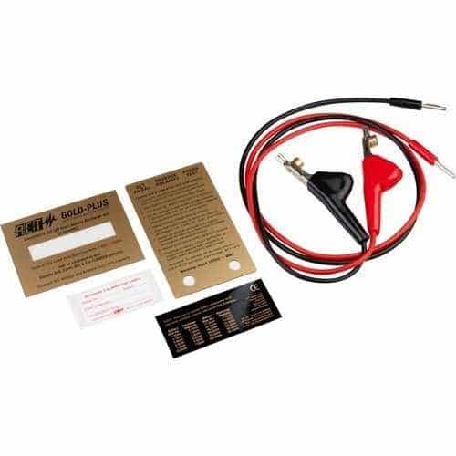 Electrical testing kit with leads and labels on a white background