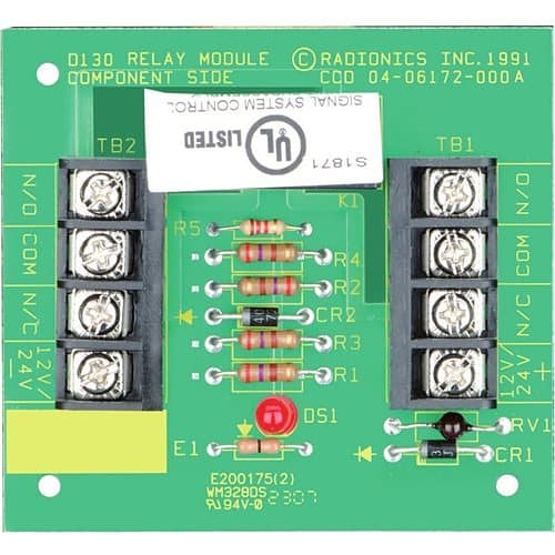 Relay module with electronic components on a green printed circuit board, featuring UL listing.