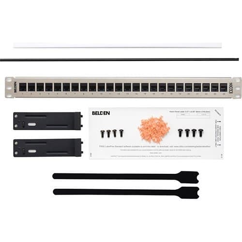 Network patch panel with cables and accessories on a white background