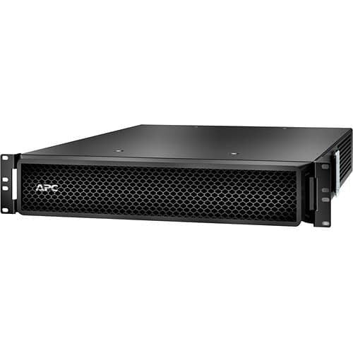 Black APC server rack on a white background