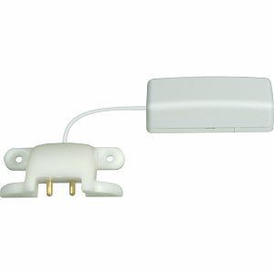 White electronic security sensor component against a solid, light-gray background