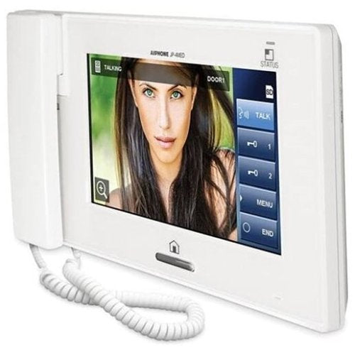 White video doorbell with screen displaying a woman's face and control buttons.