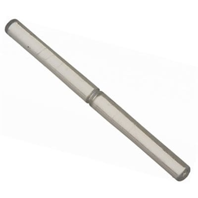 A single, clear cylindrical rod angled diagonally from the top left down to the bottom right against a solid, plain white background