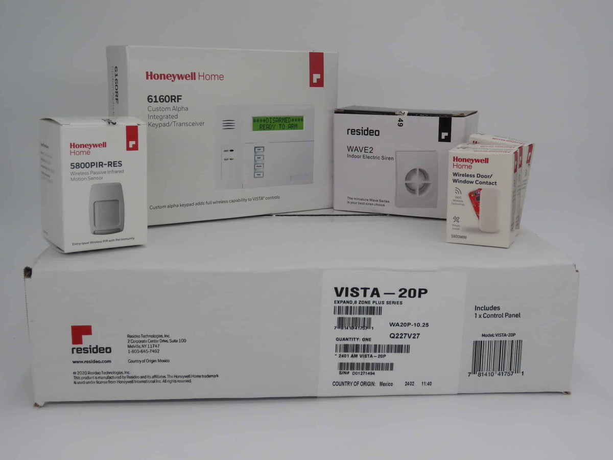 Honeywell Vista 20P Wireless Kit with a 6160RF Keypad, One 5800PIR-Res Motion Sensor, Three 5800MINI Door/Window Contacts, and a WAVE2 Siren
