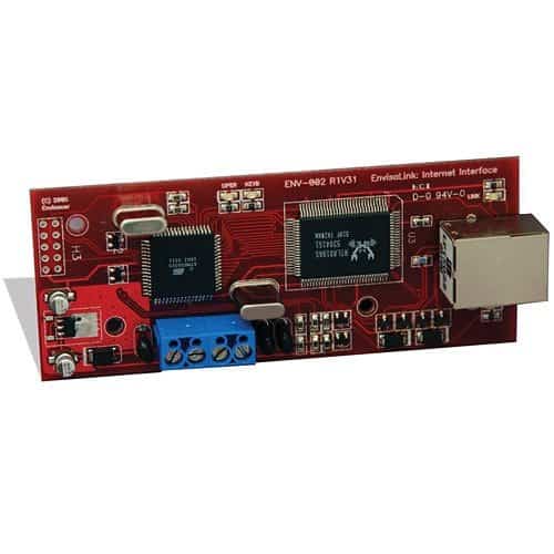 Red electronic circuit board with various components on a white background