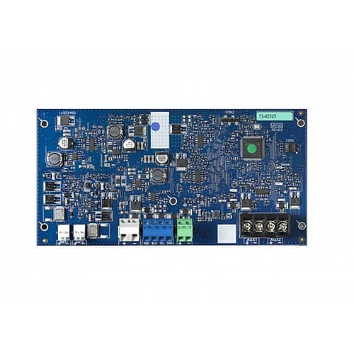 Electronic circuit board with various components on a white background