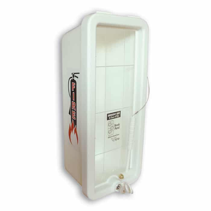 White fire extinguisher cabinet with a fire extinguisher symbol on a white background