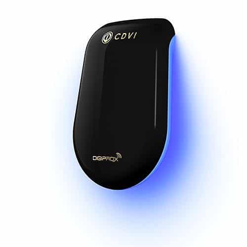 Black computer mouse with blue light on a white background