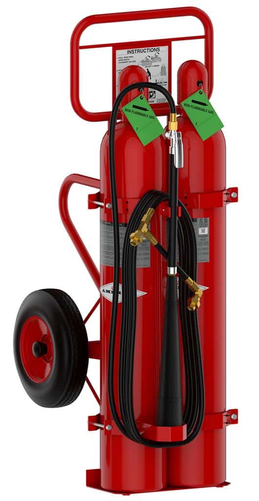 Red fire extinguisher on a wheeled stand with hoses attached on a white background