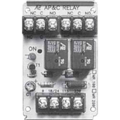 Relay module with labeled contacts and switches on a white background