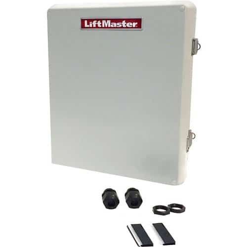 LiftMaster control panel with accessories on a white background