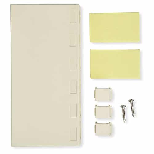 Set of beige and yellow wall panels with brackets and screws on a white background