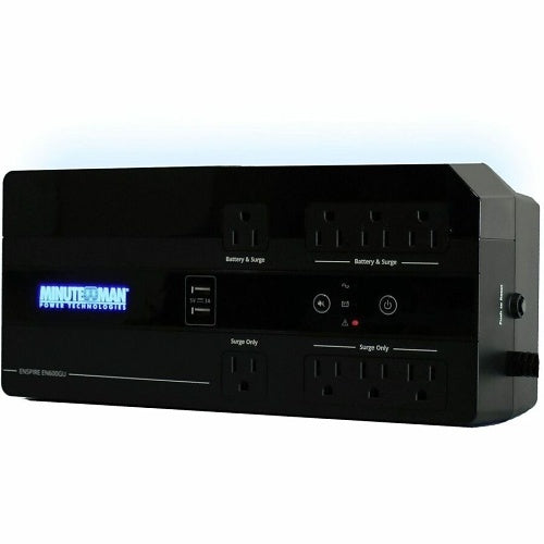 Black power strip with multiple outlets and USB ports on a white background