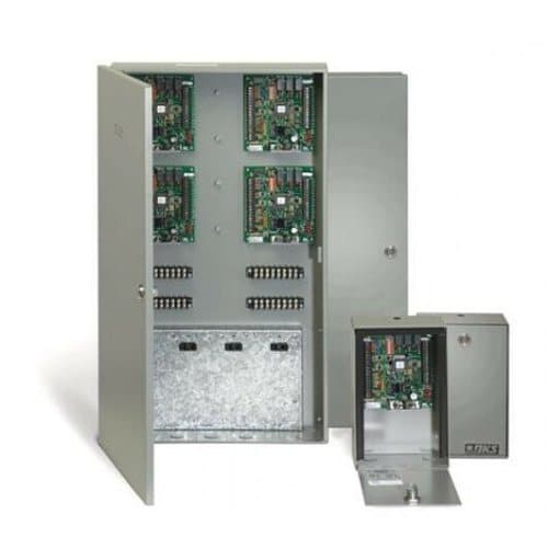 Electrical panel with open doors showing internal components on a white background