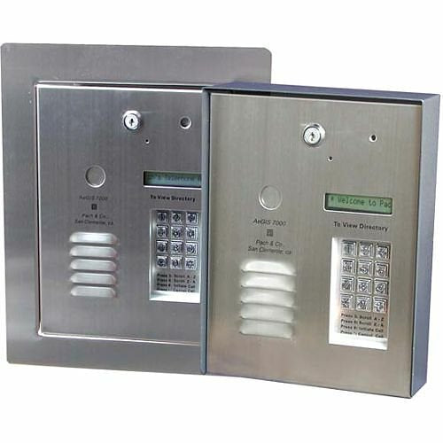 Metallic door entry system with keypad and display on a white background