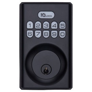 Black electronic door lock with keypad on a white background