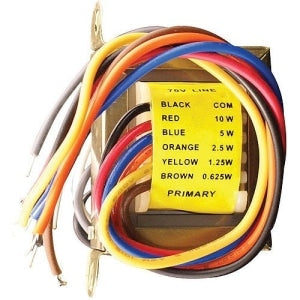 Electrical transformer with color-coded wires and wattage labels on a white background