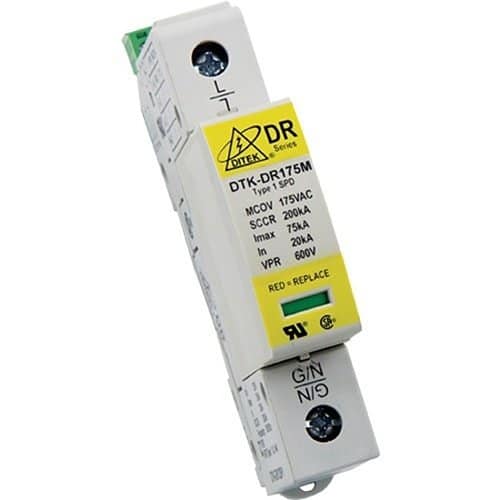 Electrical surge protector with yellow label on a white background