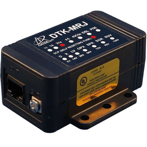 Black electronic device with labeled ports and UL certification on a white background