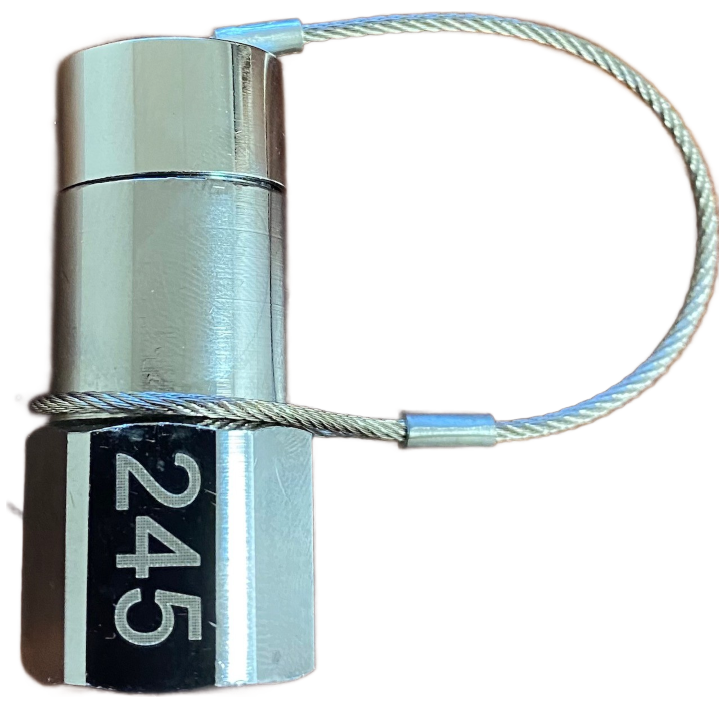 Metallic lock with a cable and number 245 on a white background