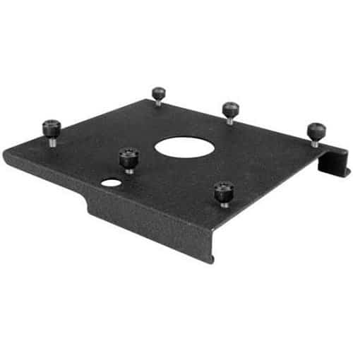 Black router table insert plate with multiple holes on a white background