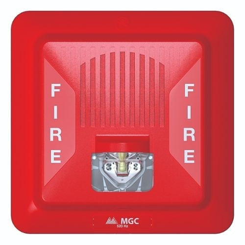 Red fire alarm with 'FIRE' text on a white background