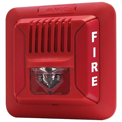 Red fire alarm with 'FIRE' text on a white background