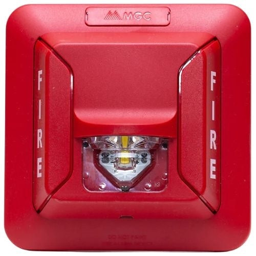 Red fire alarm with 'FIRE' text on a white background