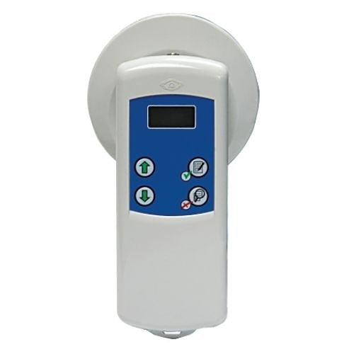 Control panel with blue display and white casing on a white background