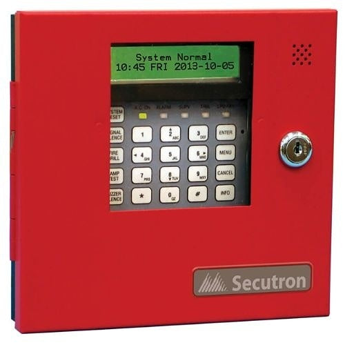 Red Secutron security system panel with digital display and keypad on a white background