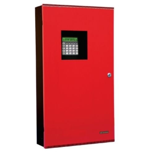 Red fire alarm control panel with digital display on a white background