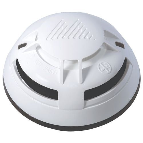 White smoke detector with black accents on a white background