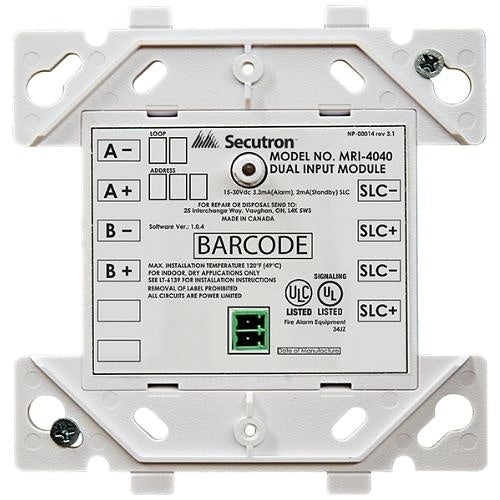 Secutron MR1-4040 dual input module with label and specifications on a white background