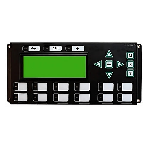 Control panel with a green display and various buttons on a white background