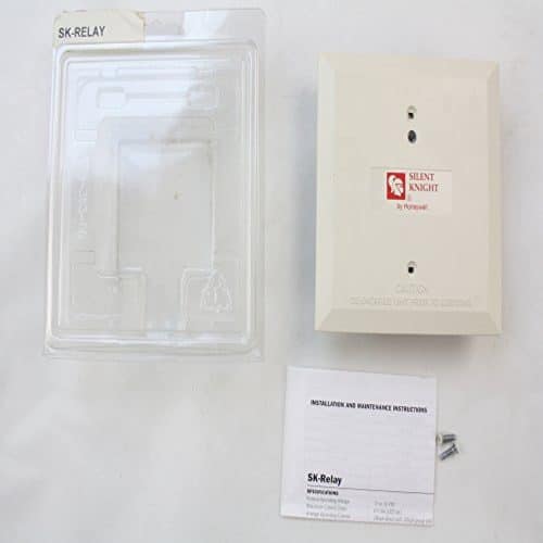 Silent Knight security relay with packaging and installation instructions on a white background