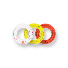 Three circular plastic rings in white, yellow, and red on a white background
