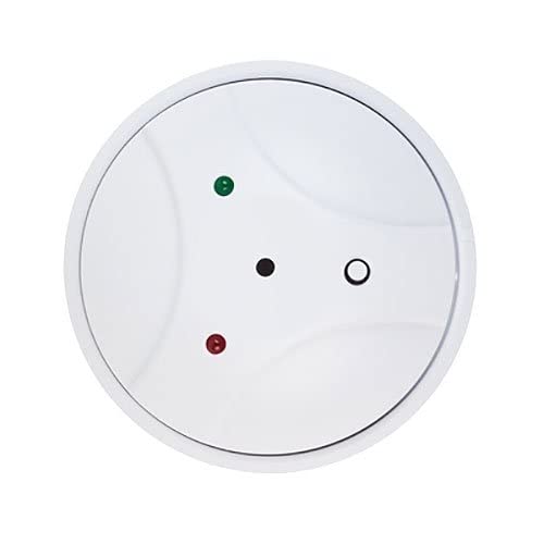 Round white device with colored indicator lights on a white background