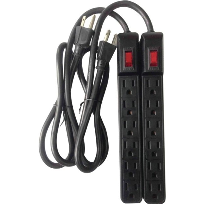 Black power strip with multiple outlets and red indicator lights on a white background