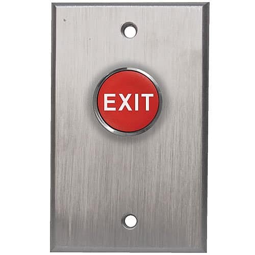 Red 'EXIT' button on a metallic plate