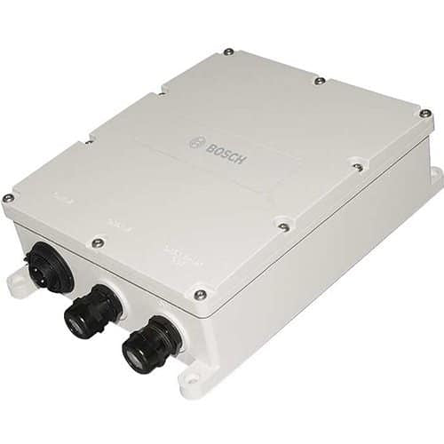 White electronic box with black connectors on a white background, featuring the Bosch logo.