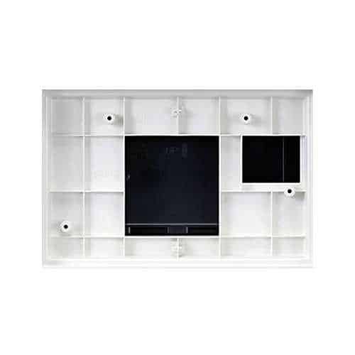White wall-mounted entertainment console with black panels