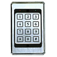 Metallic keypad device with numeric keys on a reflective surface